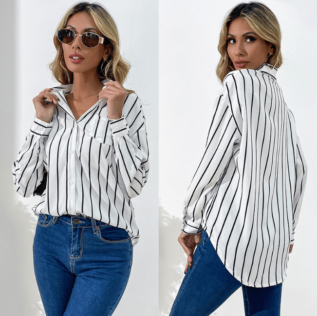 Business Wear Women's Loose Lapels White Striped Shirt - Nioor