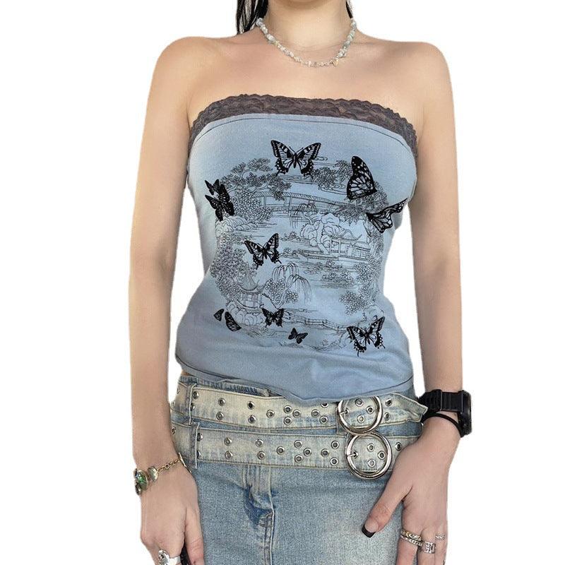 Butterfly Print Lace Stitching Coat Backless Tube Top - Nioor