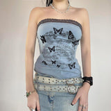 Butterfly Print Lace Stitching Coat Backless Tube Top - Nioor