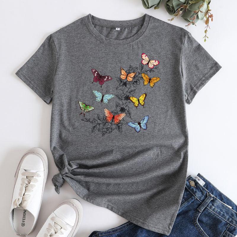 Butterfly Print Love Cotton Short-sleeved T-shirt For Women - Nioor