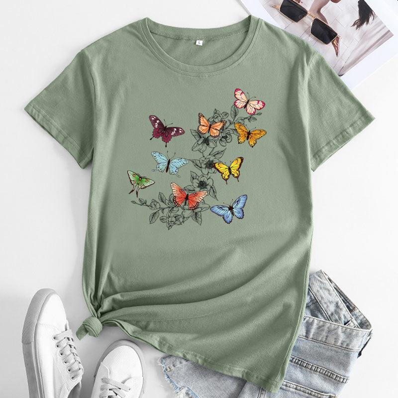 Butterfly Print Love Cotton Short-sleeved T-shirt For Women - Nioor