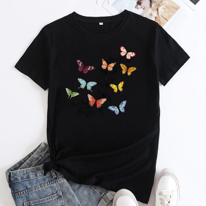 Butterfly Print Love Cotton Short-sleeved T-shirt For Women - Nioor