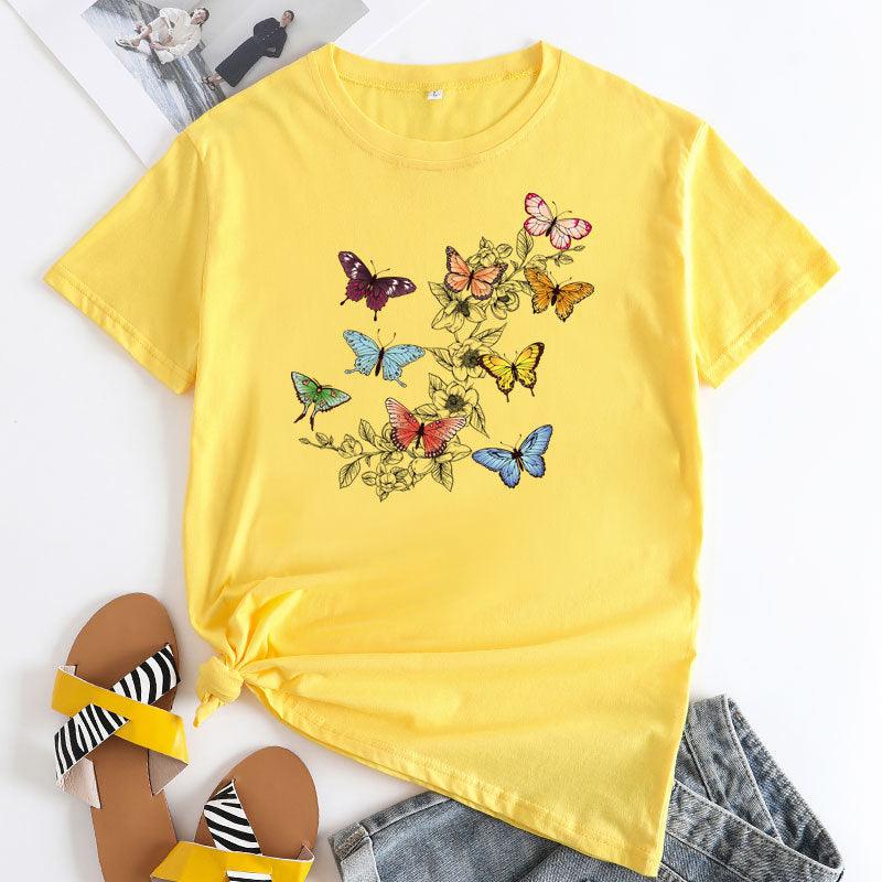 Butterfly Print Love Cotton Short-sleeved T-shirt For Women - Nioor