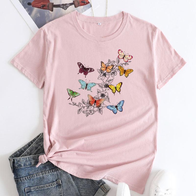 Butterfly Print Love Cotton Short-sleeved T-shirt For Women - Nioor