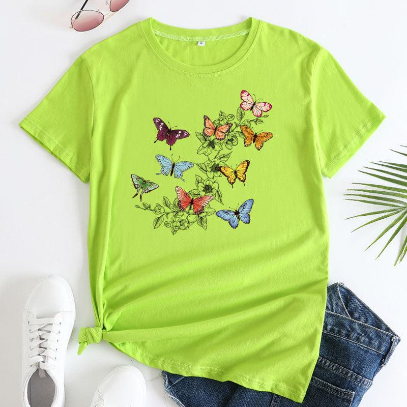 Butterfly Print Love Cotton Short-sleeved T-shirt For Women - Nioor