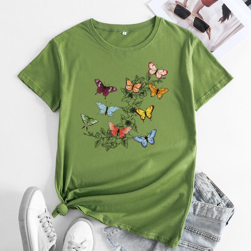 Butterfly Print Love Cotton Short-sleeved T-shirt For Women - Nioor