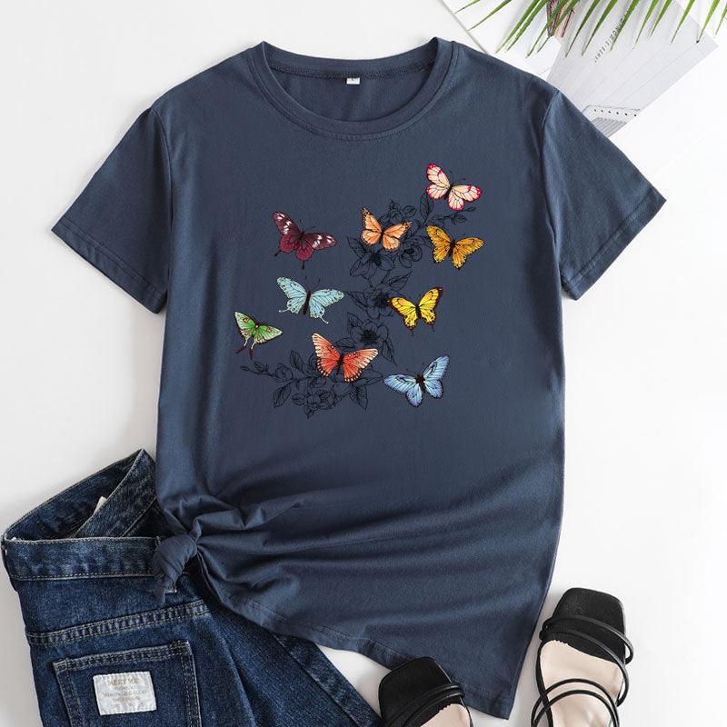 Butterfly Print Love Cotton Short-sleeved T-shirt For Women - Nioor