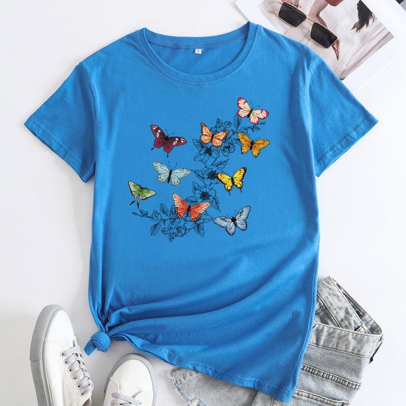 Butterfly Print Love Cotton Short-sleeved T-shirt For Women - Nioor