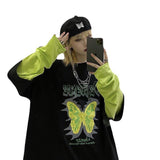 Butterfly Print Patchwork Sleeve Loose False Two Pieces Long Sleeve T-shirt - Nioor