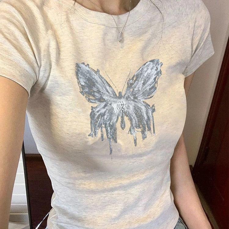 Butterfly Print Short Sleeve Shoulder Women's Summer - Nioor