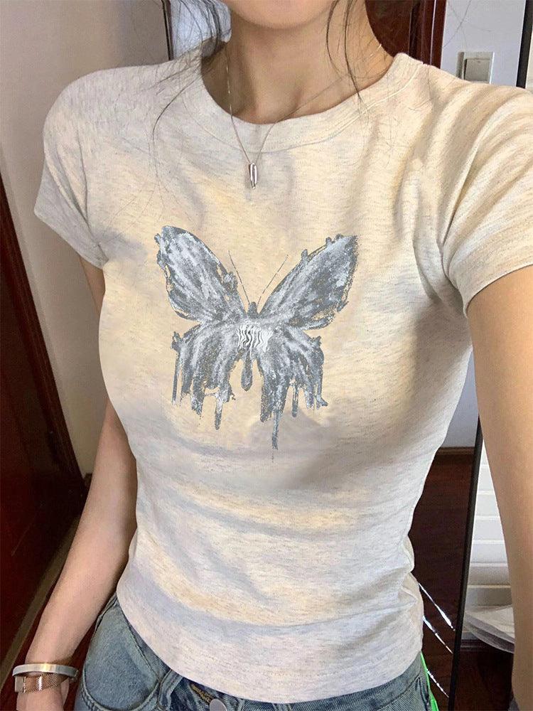 Butterfly Print Short Sleeve Shoulder Women's Summer - Nioor