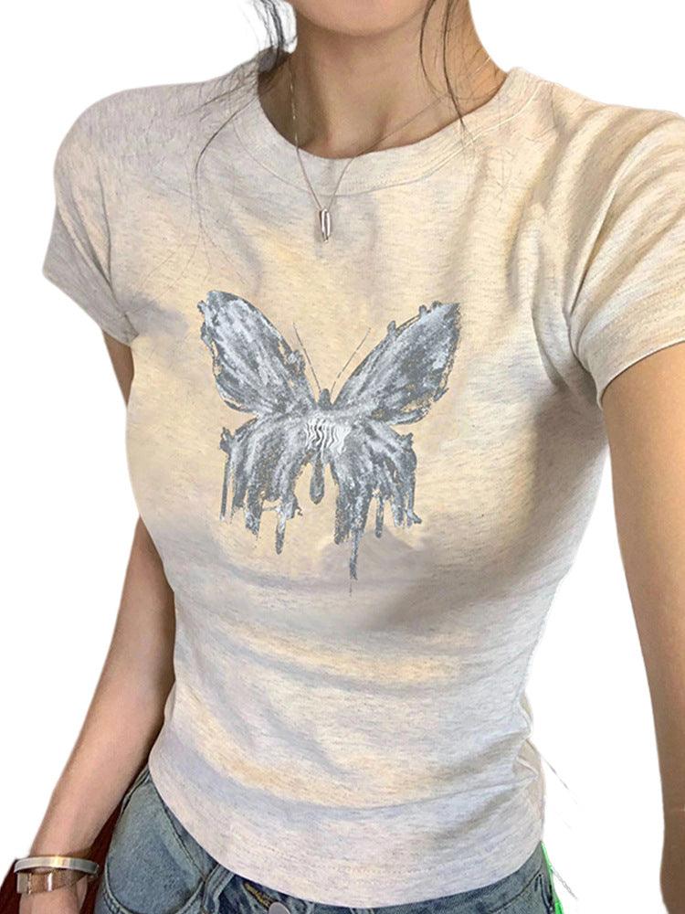 Butterfly Print Short Sleeve Shoulder Women's Summer - Nioor