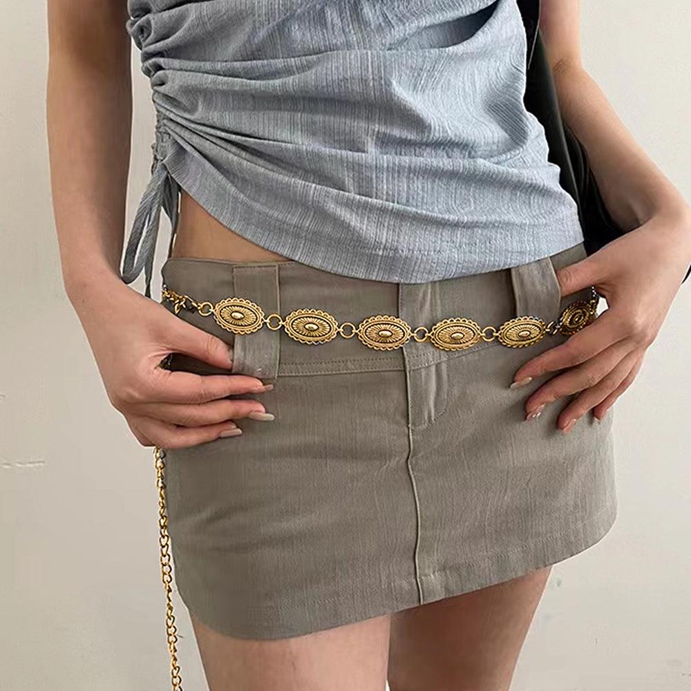 Retro National Style Carved Ancient Gold And Silver Metal Waist Chain Sexy Elegant Women's Dress Senior Sense Decorative Belt - Nioor