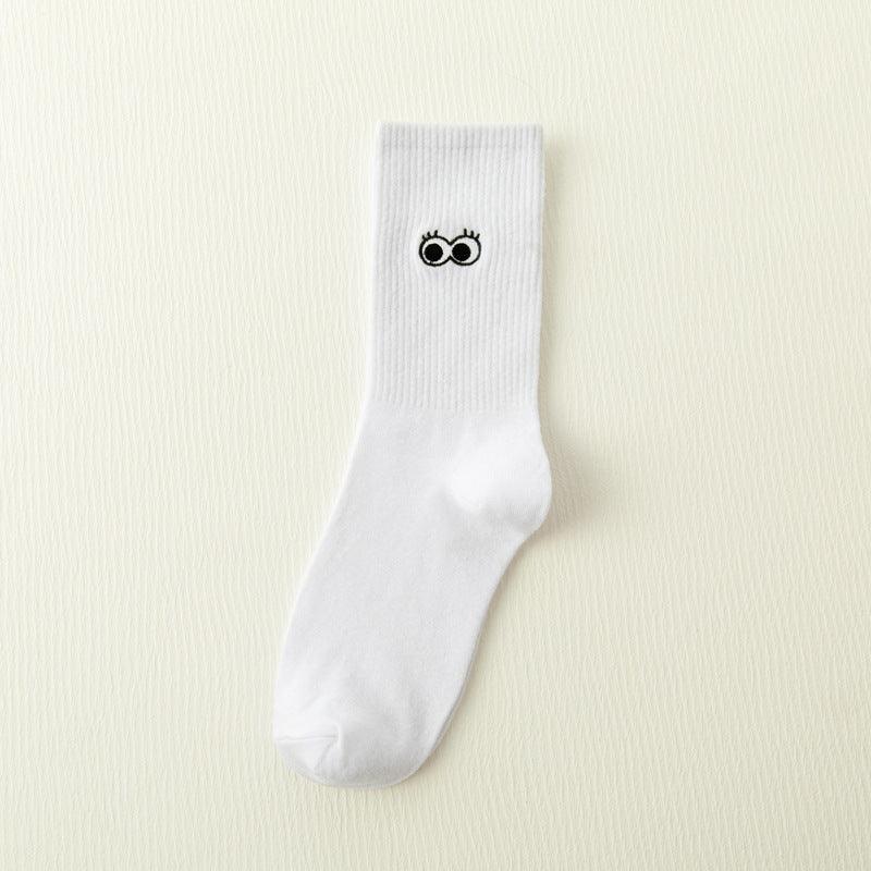 White Japanese Cartoon Embroidery Tube Socks - Nioor