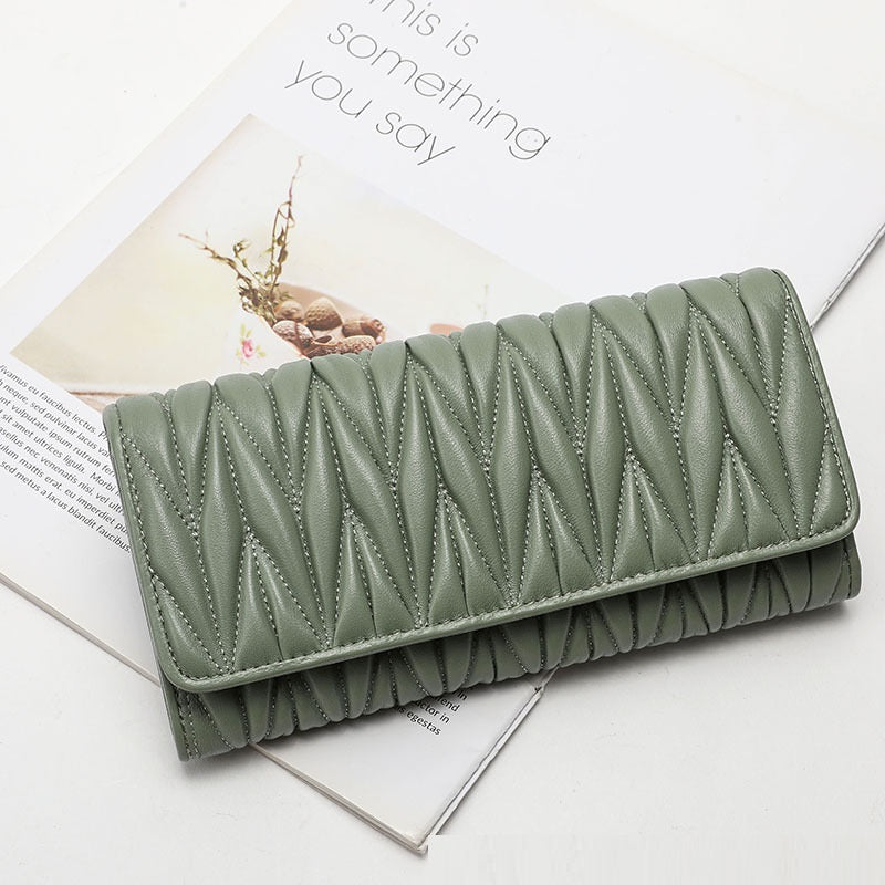 Women's Fashion Multi-card-slot Pleated Long Genuine Leather Wallet