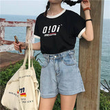 Letter Color Matching Short-sleeved T-shirt Summer Korean Style Slim-fit Student Top - Nioor