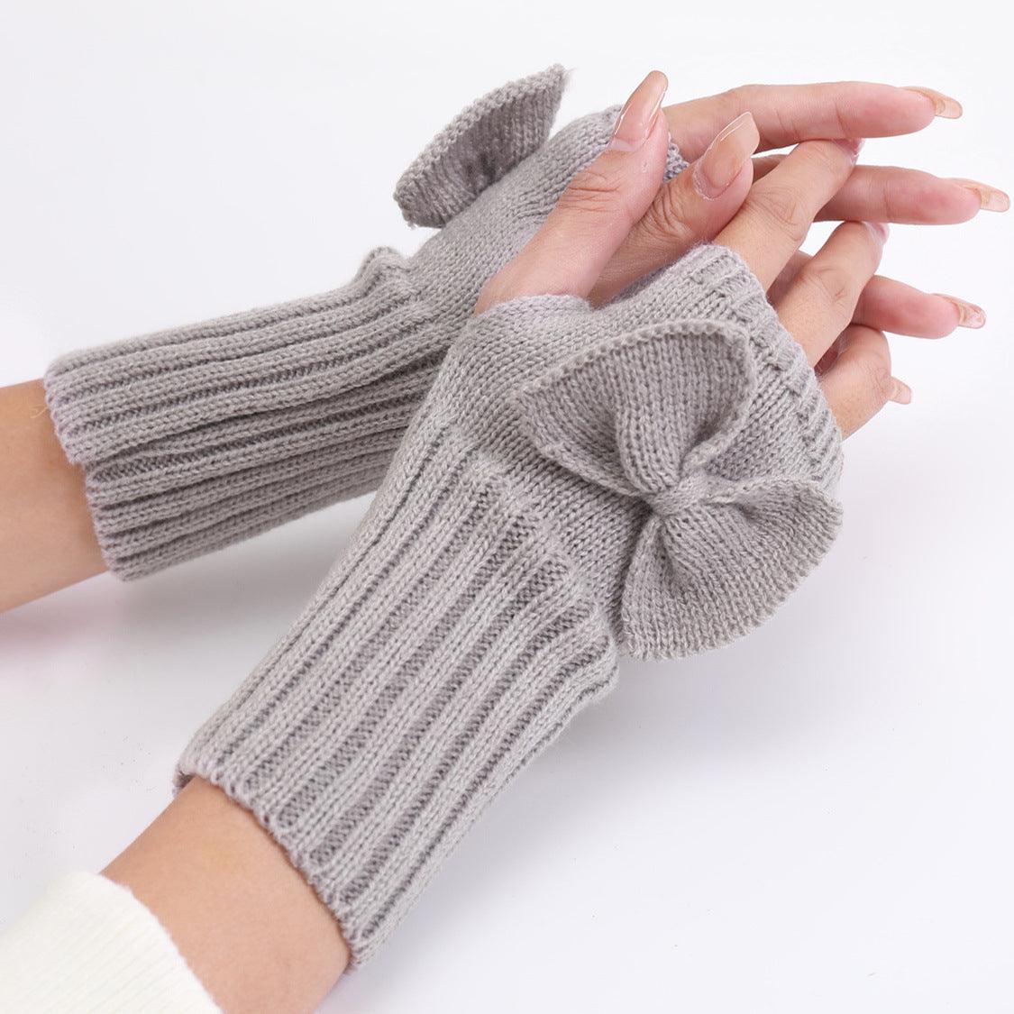 Bow Knitted Wool Keep Warm Half Finger Fingerless Gloves - Nioor