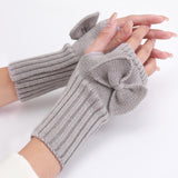 Bow Knitted Wool Keep Warm Half Finger Fingerless Gloves - Nioor