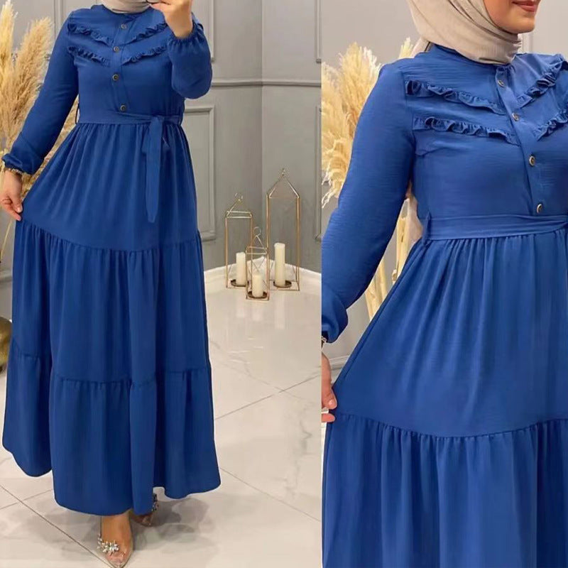 New Muslim Robe Solid Color With Belt Fashion Casual Dress