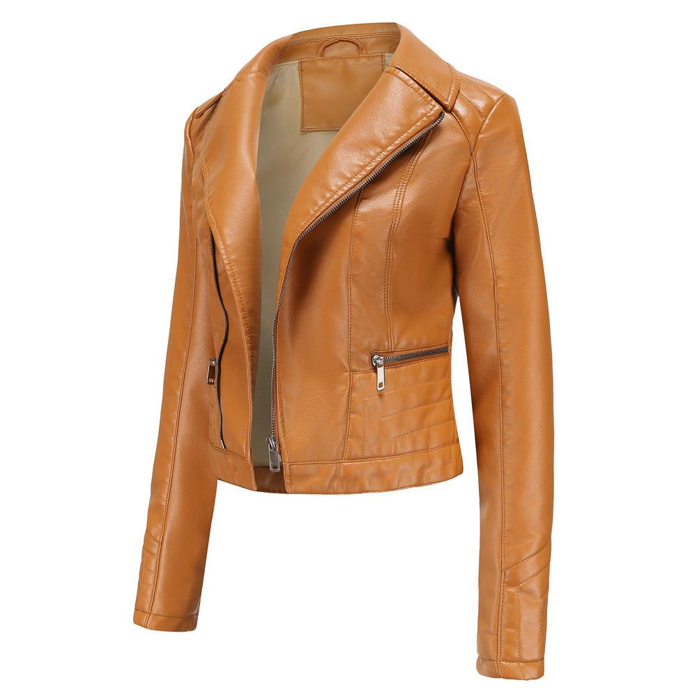 Womens Fashion Lapel Spring And Autumn Washed PU Leather Jacket - Nioor