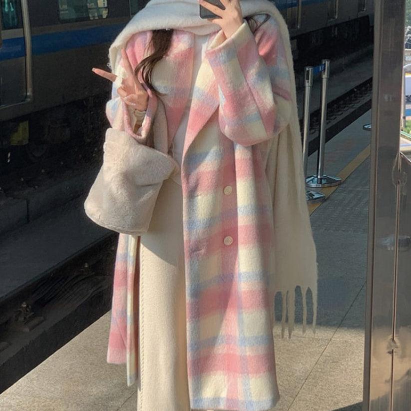 Gorgeous Rainbow Woolen Womens Long Coat Korean Style - Nioor