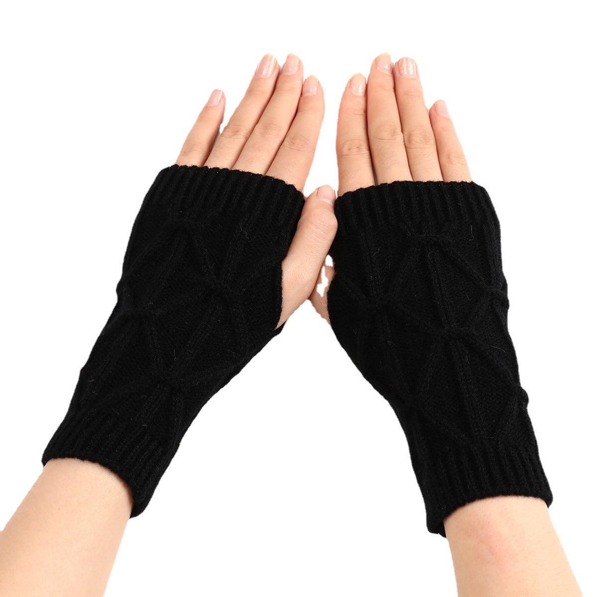 Rhombus Fashion Oversleeve Knitted Wool Keep Warm Half Finger Gloves - Nioor