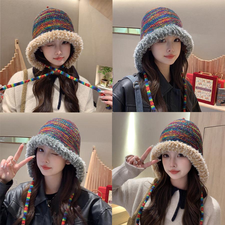 Rainbow Knitted Hat Plush Edge Strap - Nioor