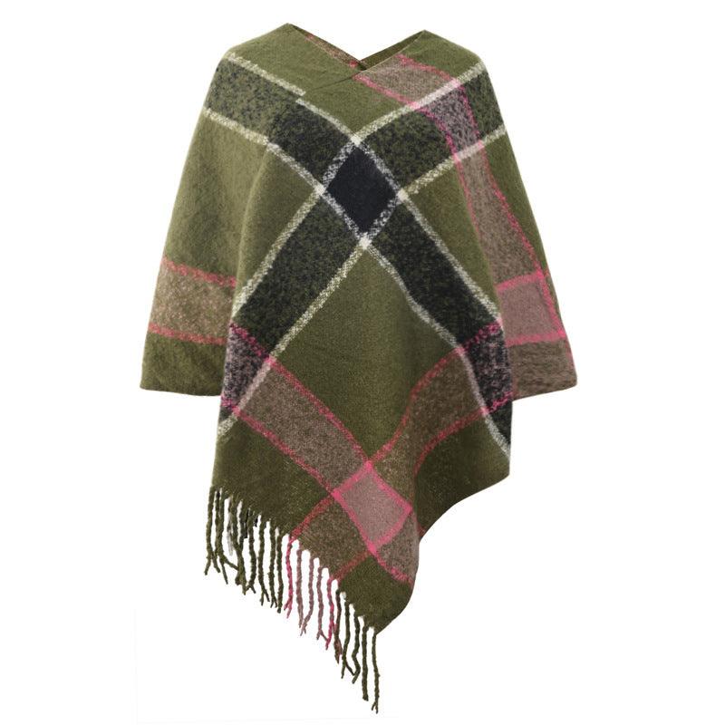 Cashmere Contrast Color Striped Cape Knitted Tassel Scarf - Nioor