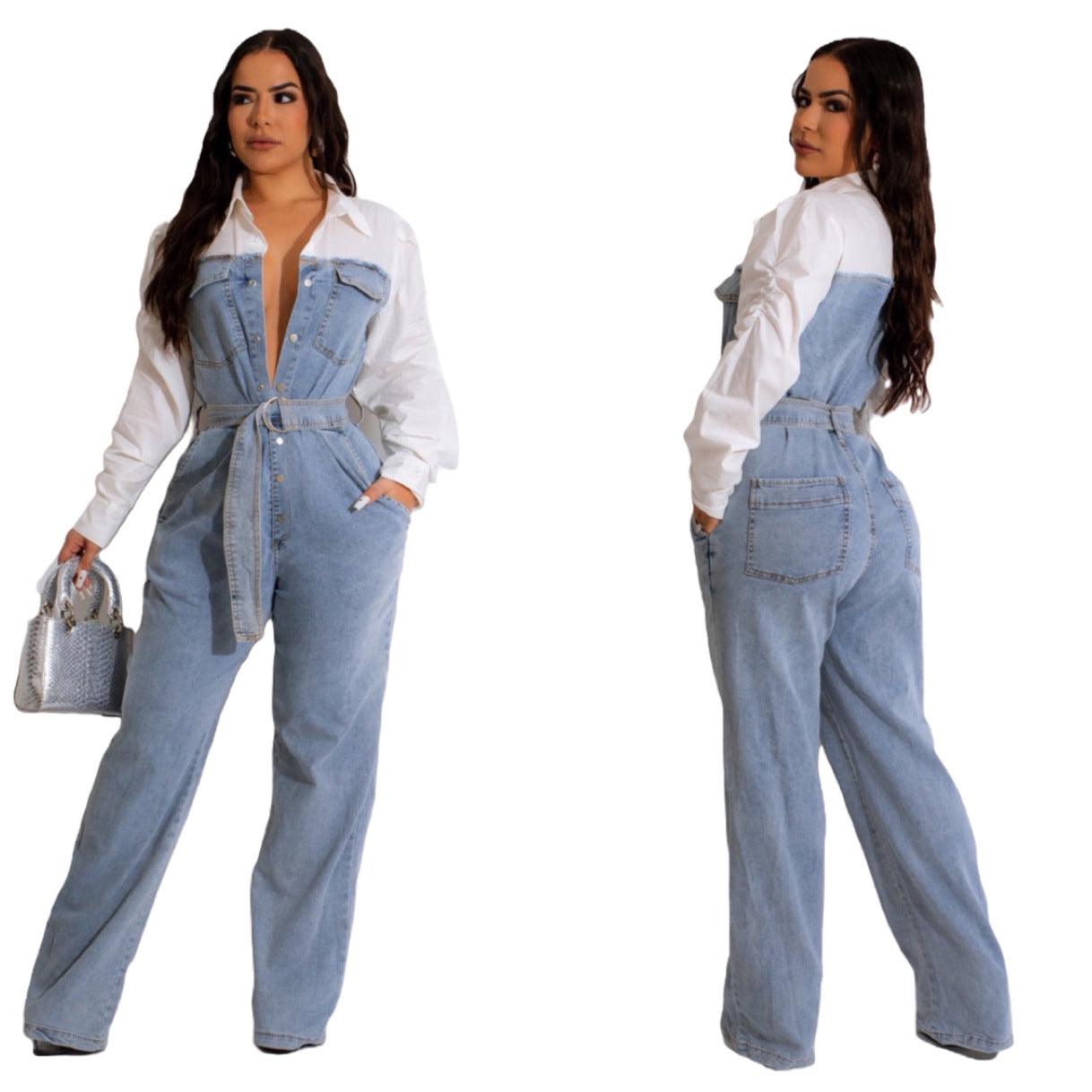 Casual Denim Stitching Plus Size Jumpsuit - Nioor