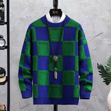 Men's Trendy Plaid Round Neck Sweater Loose - Nioor