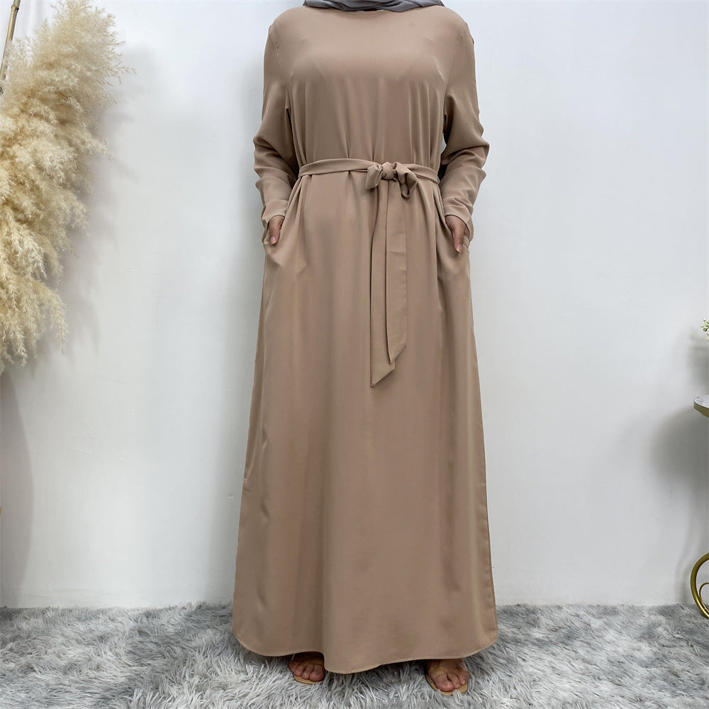 Clear Color Lace Up Muslim Dress With Pockets