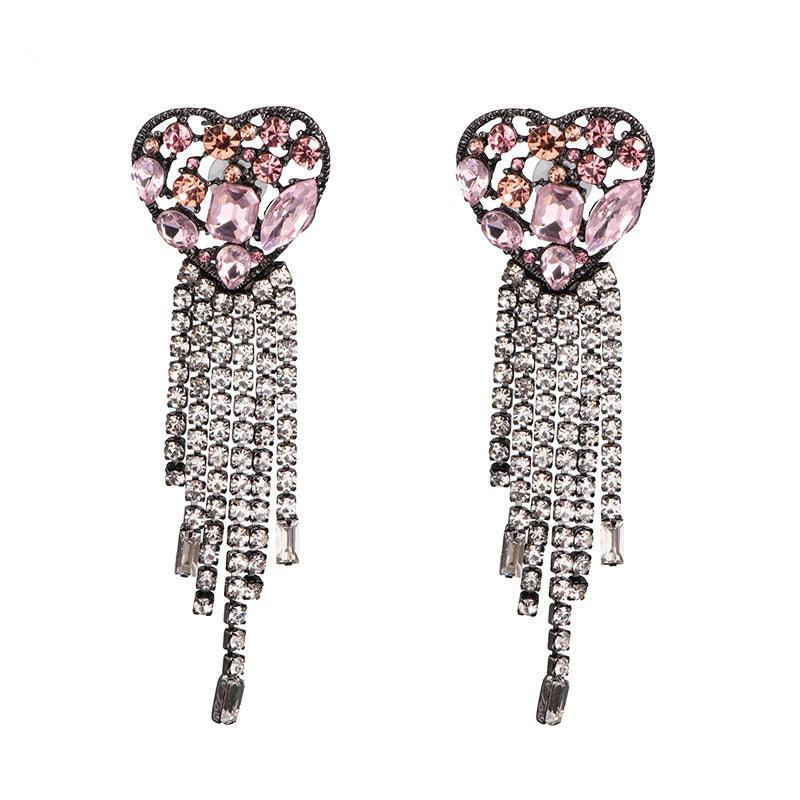 Fashion Exaggeration Jewelry Alloy Diamond-encrusted Heart Pendant Earrings - Nioor
