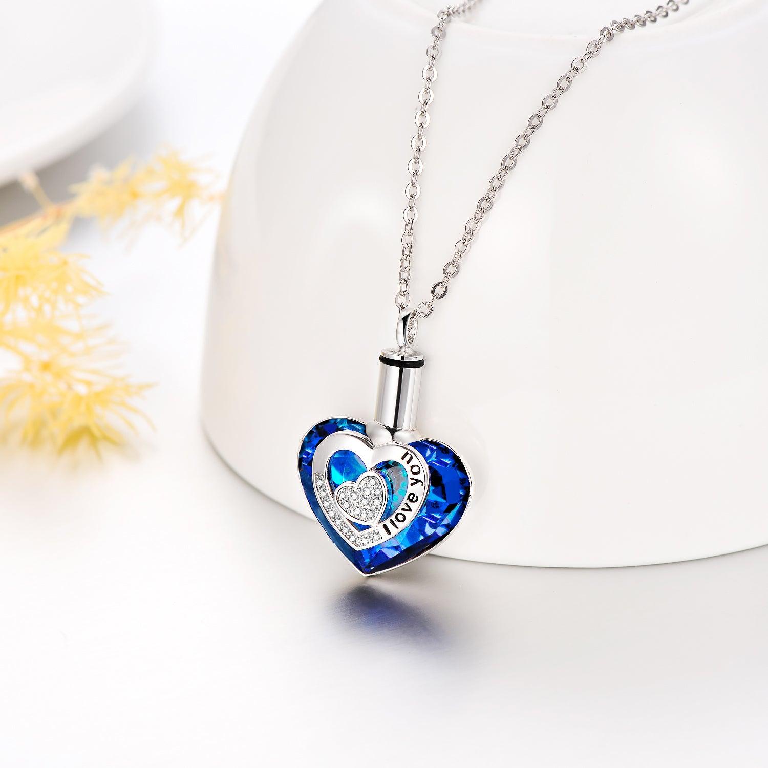 Crystal from Austria Heart Urn Cremation Keepsake Necklace in White Gold Plated Sterling Silver - Nioor