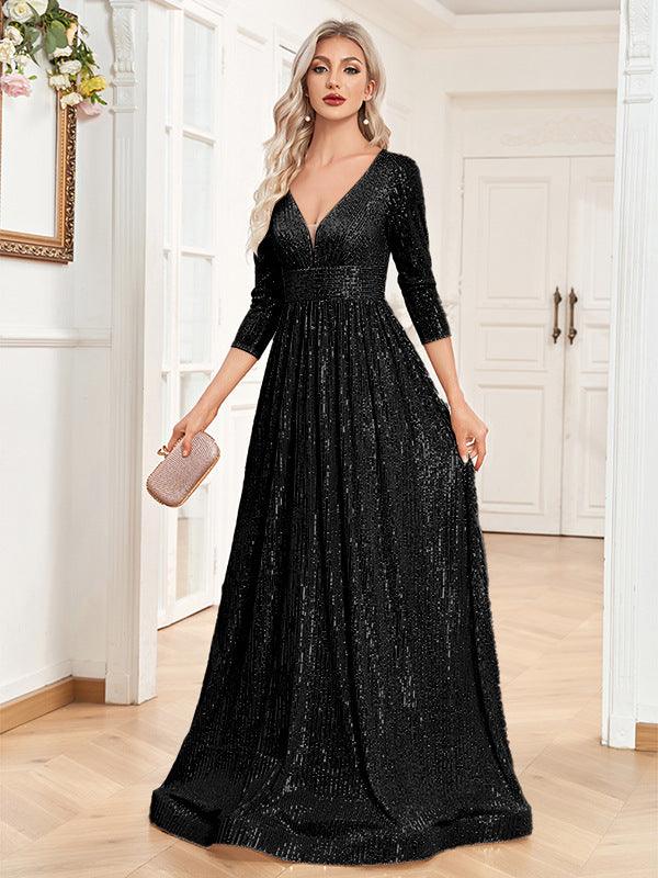 Sequined Fall V-neck High Waist Party Formal Dress - Nioor