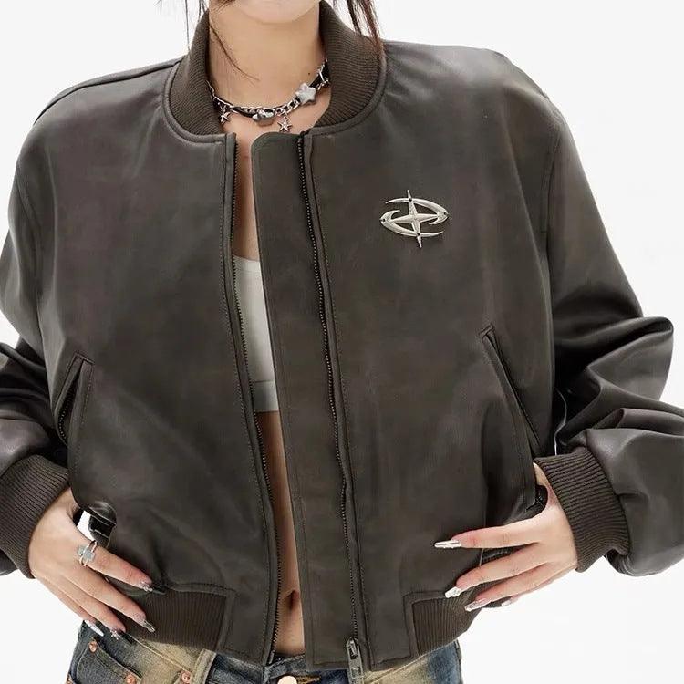 Retro Brown Short Motorcycle Small Leather Coat Pu Jacket Baseball Uniform Baggy Coat Women - Nioor