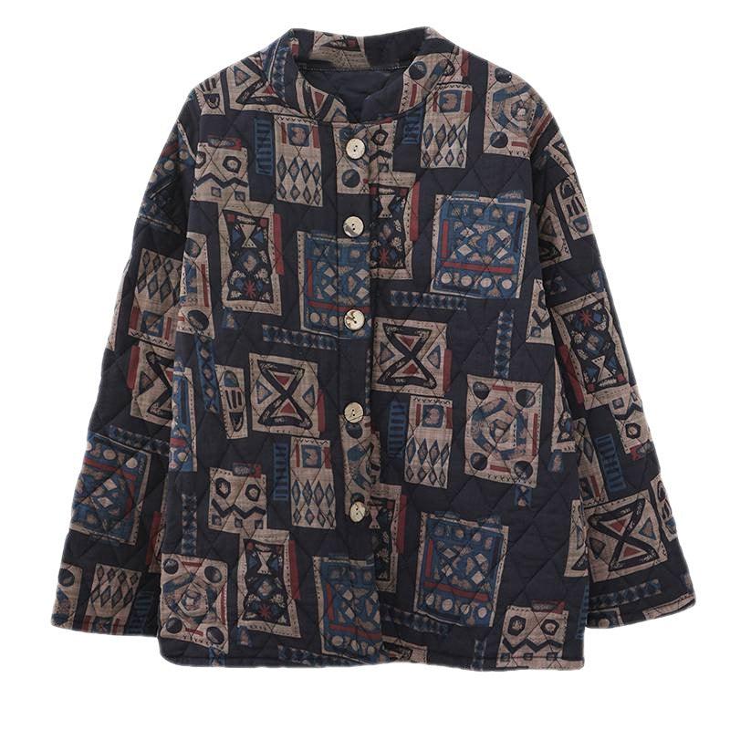 Ethnic Style Vintage Printed Quilted Stand Collar Jacket Winter Thick Cotton Coat - Nioor