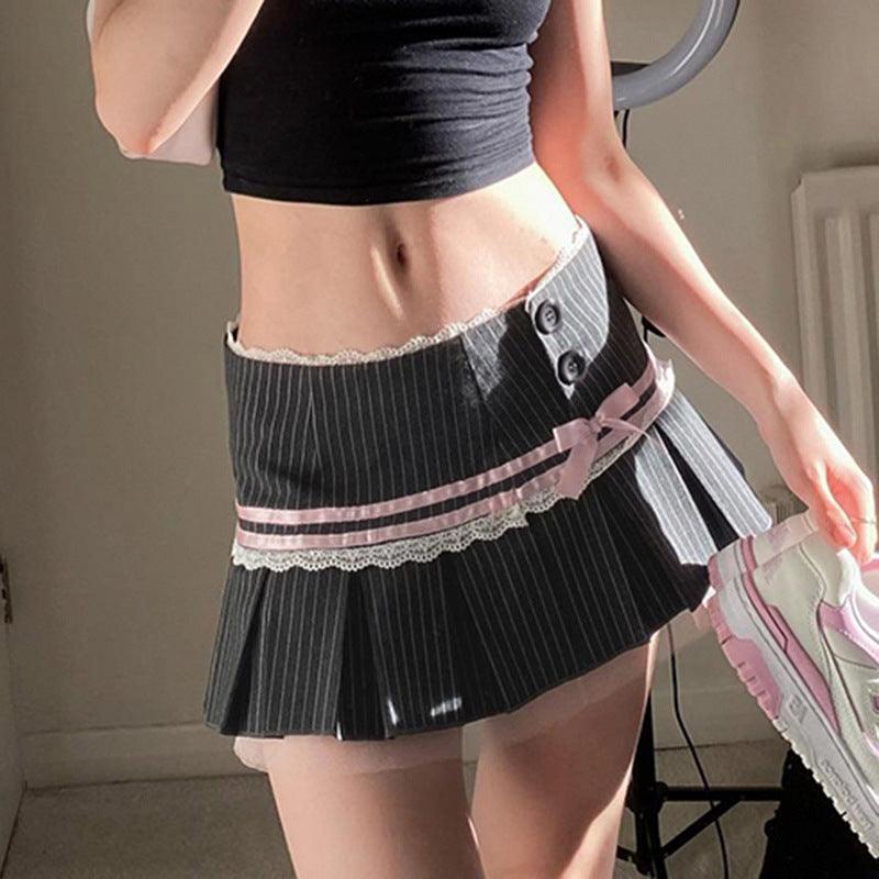 Preppy Style Cute Girl Striped Lace Bow Pleated Skirt Low Waist Skirt With Lining - Nioor