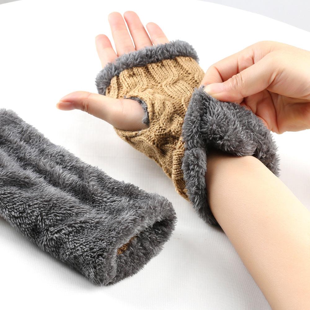 Winter Plush Gloves Twist Knitted Fingerless Fleece Gloves Women Warm Thickened Woolen Gloves - Nioor