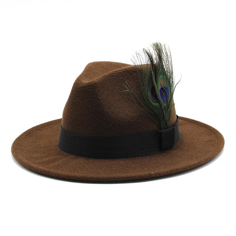 Women's Woolen Big Brim Peacock Feather Casual Sun Hat - Nioor