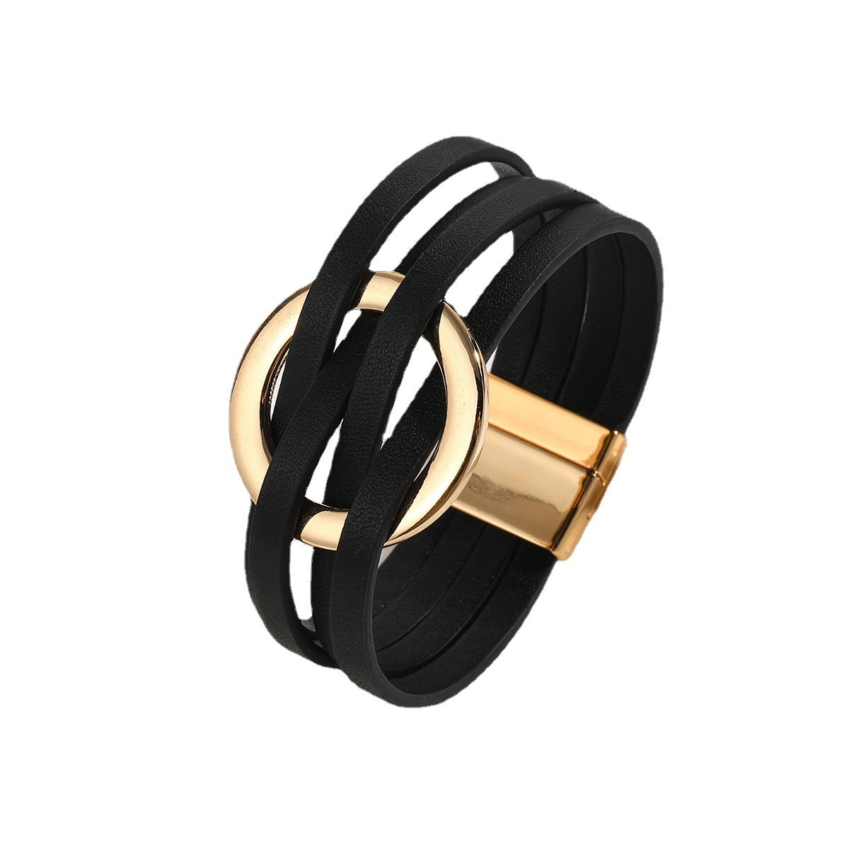 Cross Leather Women Bracelet Metal Big Ring Cuff Bangle Multi-layer Wristband Magnetic Snap Bangle