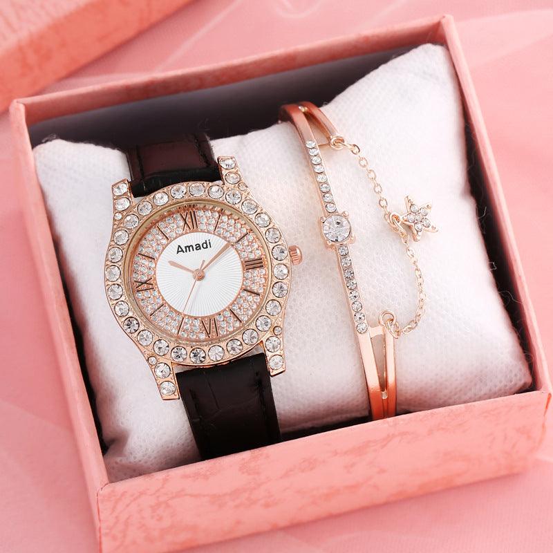 Women's Diamond-embedded Roman Face Simple Fashion All-match Quartz Watch Gift Box - Nioor