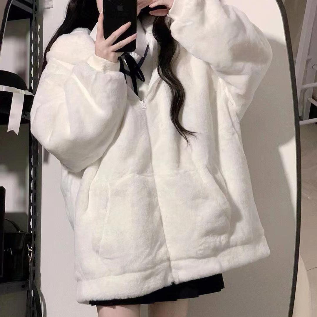 Women's Zipper Hooded Sweater Padded Fleece Sweater Plus Size White Top Cute Soft Winter Clothing Coat - Nioor