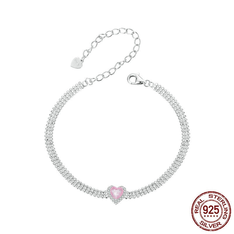 White Gold Plated Zircon Ice Flower Love Heart Wide Bracelet S925 Sterling Silver Ornament