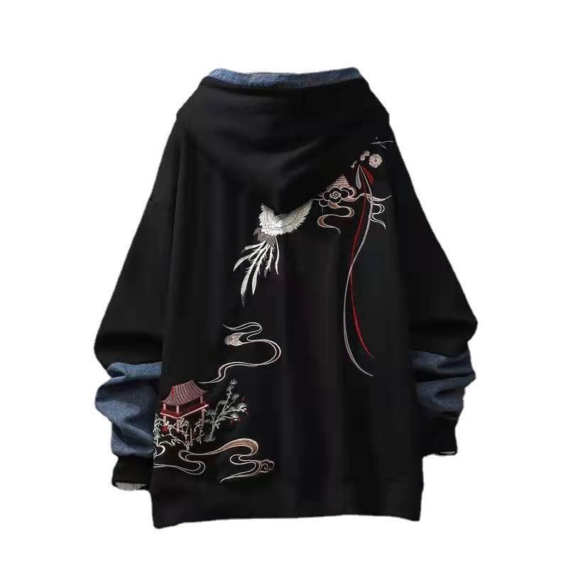 Chinese Style Button Embroidered Hooded Autumn And Winter Loose Stitching Denim Men's Clothing - Nioor