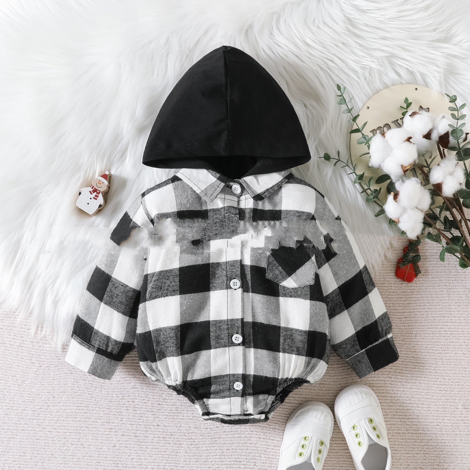 Baby Clothing Christmas Baby Plaid Button Hooded Jumpsuit