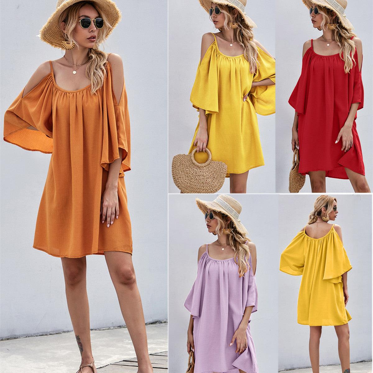 Casual Bell Sleeve Off-shoulder Dress - Nioor