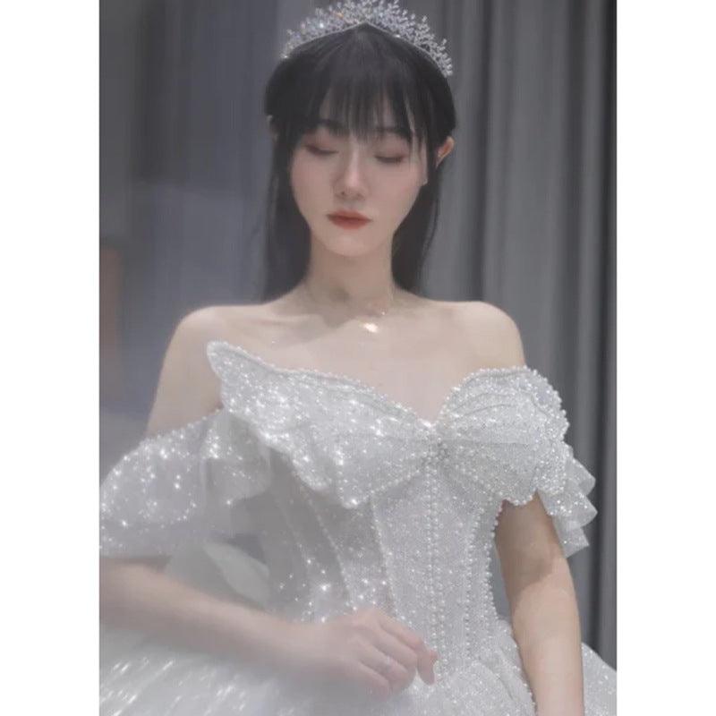 One-shoulder High-quality Long Trailing Heavy Industry Retro Wedding Dress - Nioor