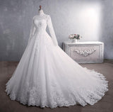 Lace Wedding Dress Bridal Stand-up Collar Long-sleeved Large Tail Large Size - Nioor