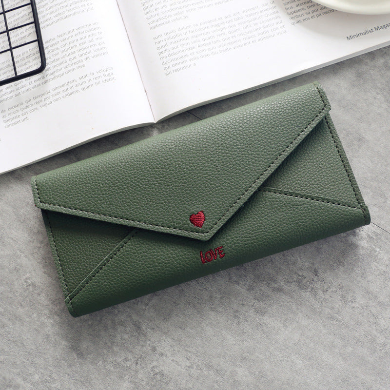 Women's Long Heart-shaped Letter Embroidery Line 2 Fold Multifunctional Simple Wallet Student Multifunctional Wallet