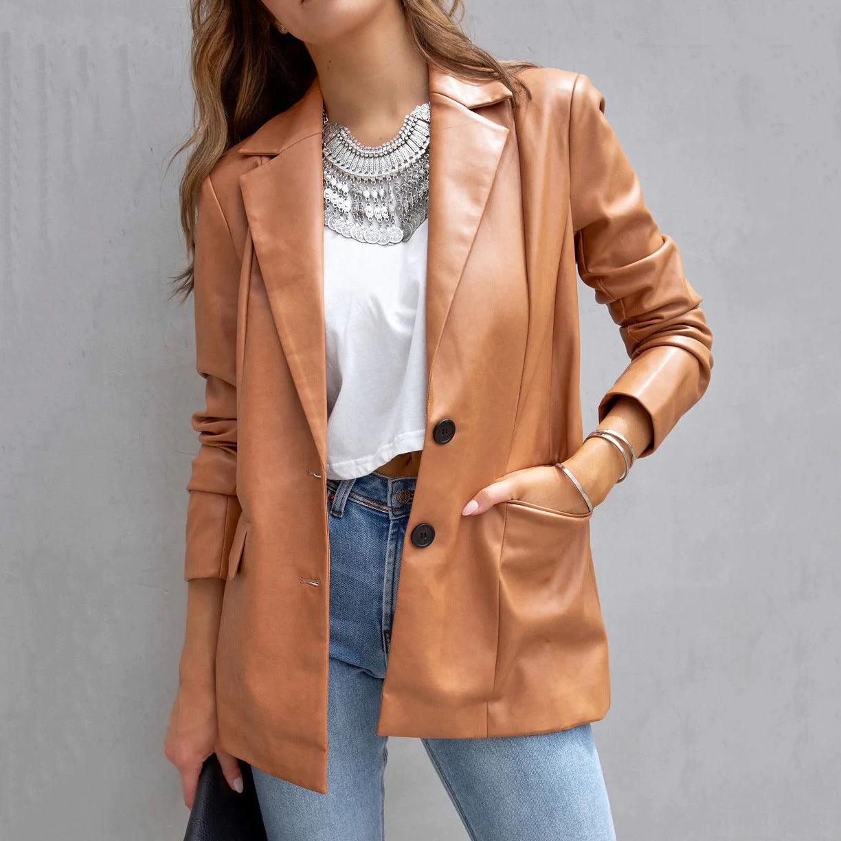 Long Sleeve Button Pu Cardigan Coat For Women - Nioor